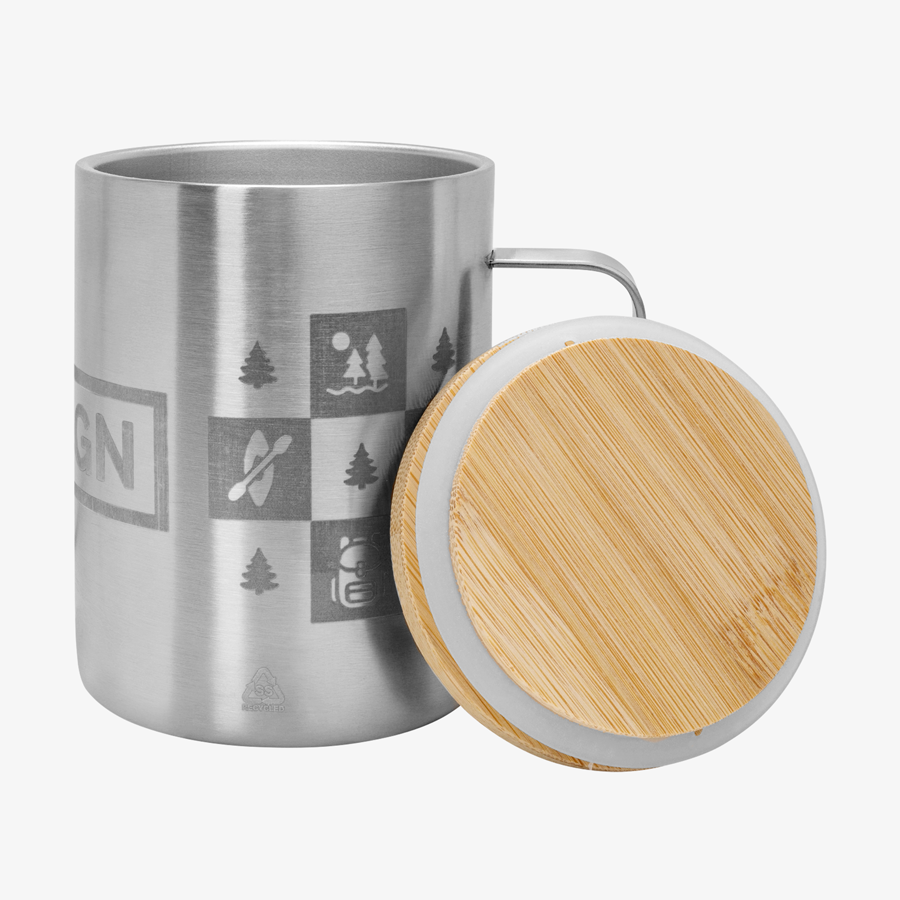 Offene Edelstahl-Thermotasse mit seitlich angelehnten Bambusdeckel, umfassender 1-farbiger Tampondruck, Fassungsvermögen 350 ml, Seitenansicht