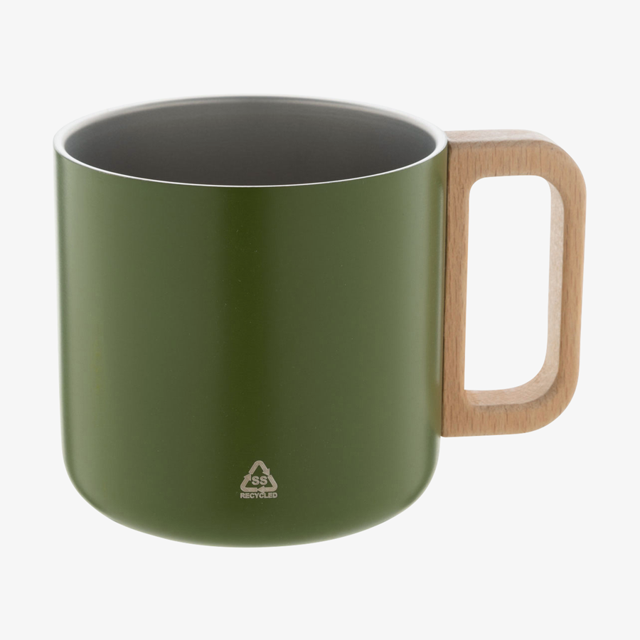 Grüne unbedruckte Edelstahl-Thermotasse mit Holzgriff, Fassungsvermögen 350 ml, Seitenansicht