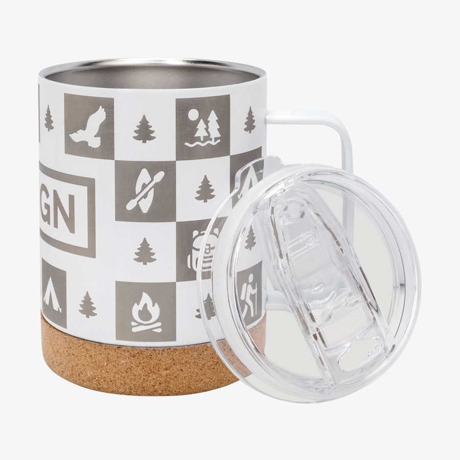 Offene Edelstahl-Thermotasse mit Korkboden und seitlich angelehnten Kunststoffdeckel, umfassender 1-farbiger Tampondruck, Fassungsvermögen 330 ml, Seitenansicht