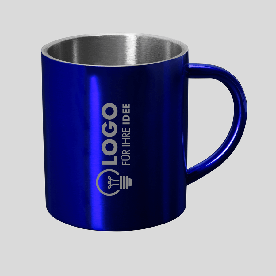 Klassische Edelstahltasse mit rundem Henkel und einseitiger Lasergravur, außen blau und innen selber, Fassungsvermögen 280 ml