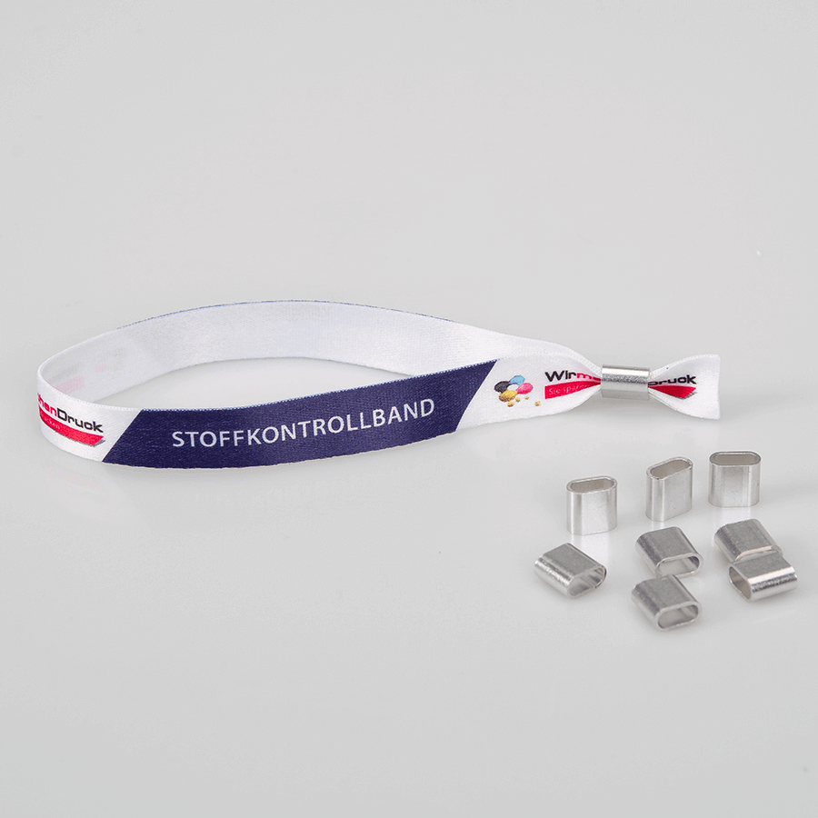 Einlassband aus Stoff mit einem Alu-Plomben-Verschluss, individuell bedruckbar