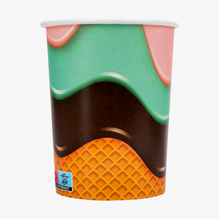 400-ml-Eisbecher, individuell und 4/0-farbig bedruckt mittels Offsetdruck, mit SUPD-Kennzeichnung