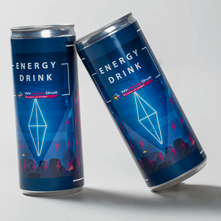 Zwei belebende Energydrinks in Aluminium-Getränkedosen, Folie vollfarbig bedruckt