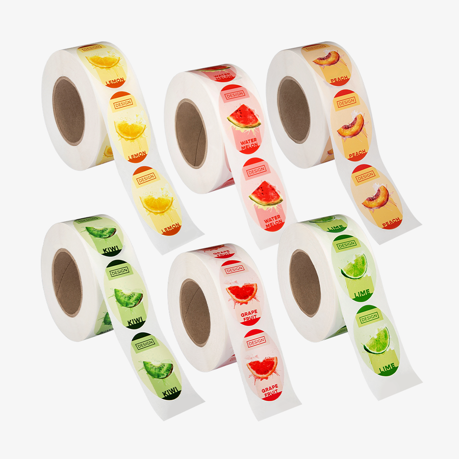 Etiketten auf Rolle mit eigener Rollengröße und ovalen Mehrfachmotiven, für maschinelle Verarbeitung