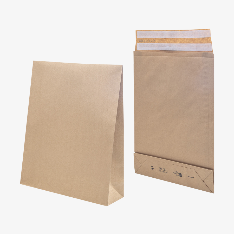 Faltentasche mit Klotzboden aus braunem Kraftpapier mit Doppelhaftklebung 
