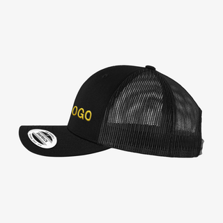 Schwarze Retro Trucker Snapback Cap von FLEXFIT mit Stickerei vorne in der Seitenansicht