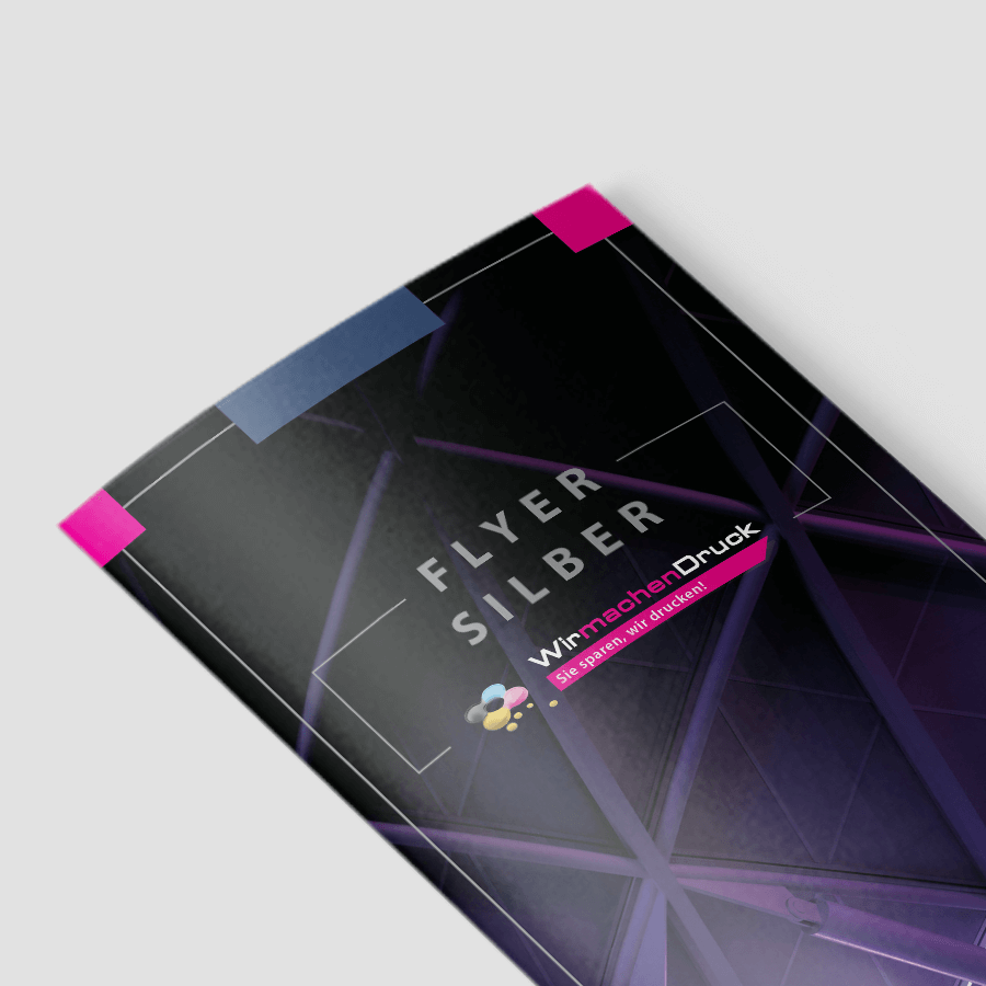 Detailaufnahme eines Flyers mit Schrift in Sonderfarbe Silber