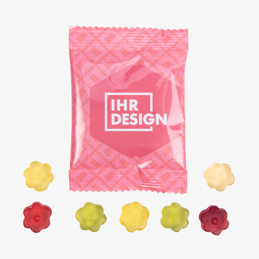 Vollfarbig bedrucktes Tütchen mit süßen Fruchtgummi-Blumen