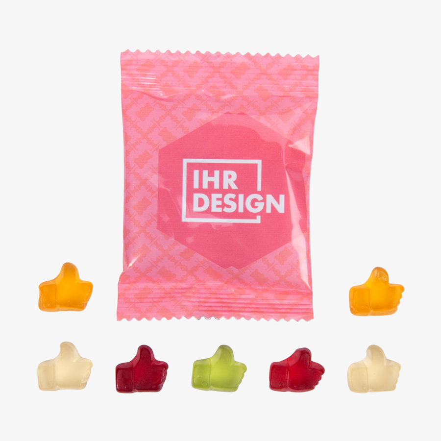 Individuell vollfarbig bedrucktes Tütchen mit süßen Fruchtgummi-Daumen