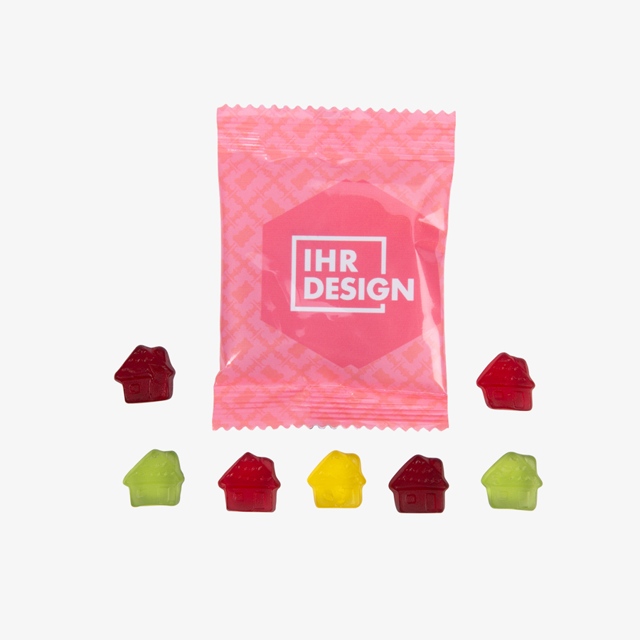 Individuell vollfarbig bedrucktes Tütchen mit leckeren Fruchtgummi-Häusern