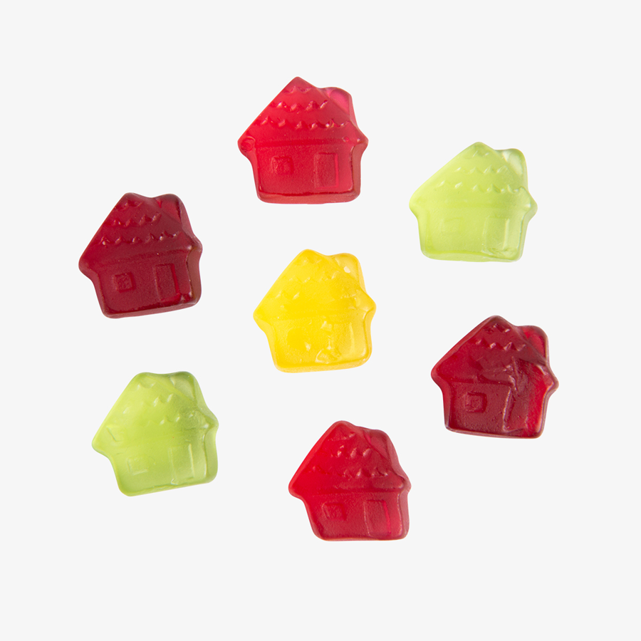 Leckere Fruchtgummi-Häuser, farblich und geschmacklich gemischt