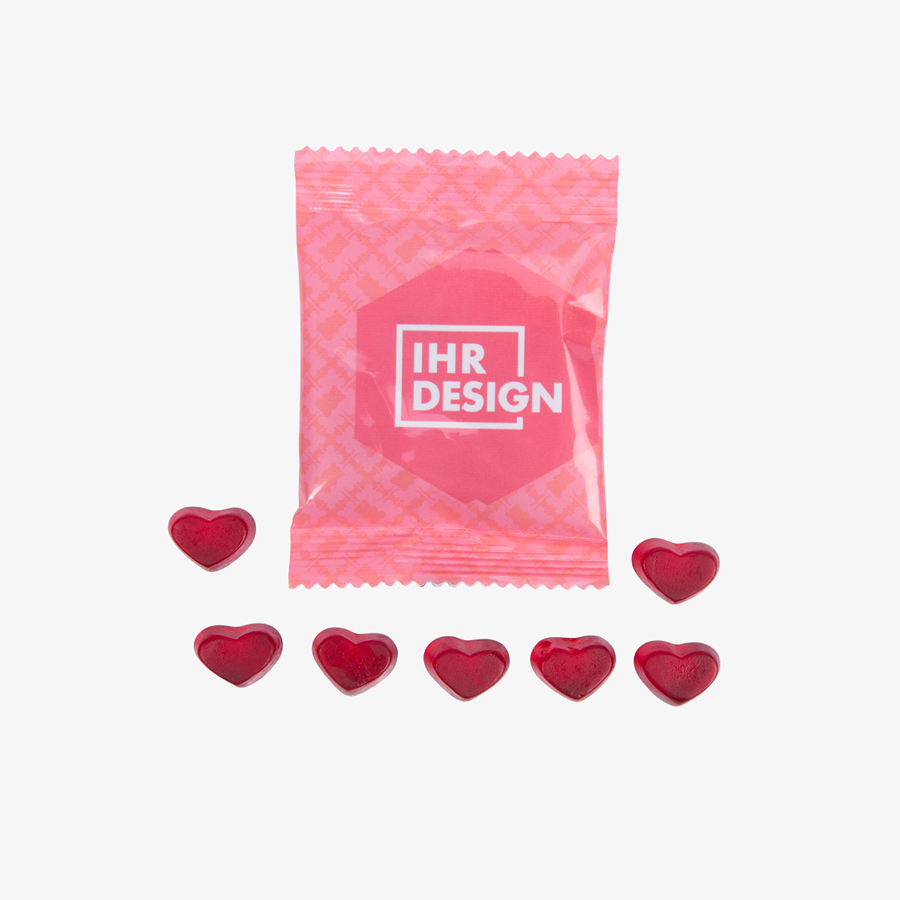 Rote Fruchtgummi-Herzen, Tütchen individuell vollfarbig bedruckbar