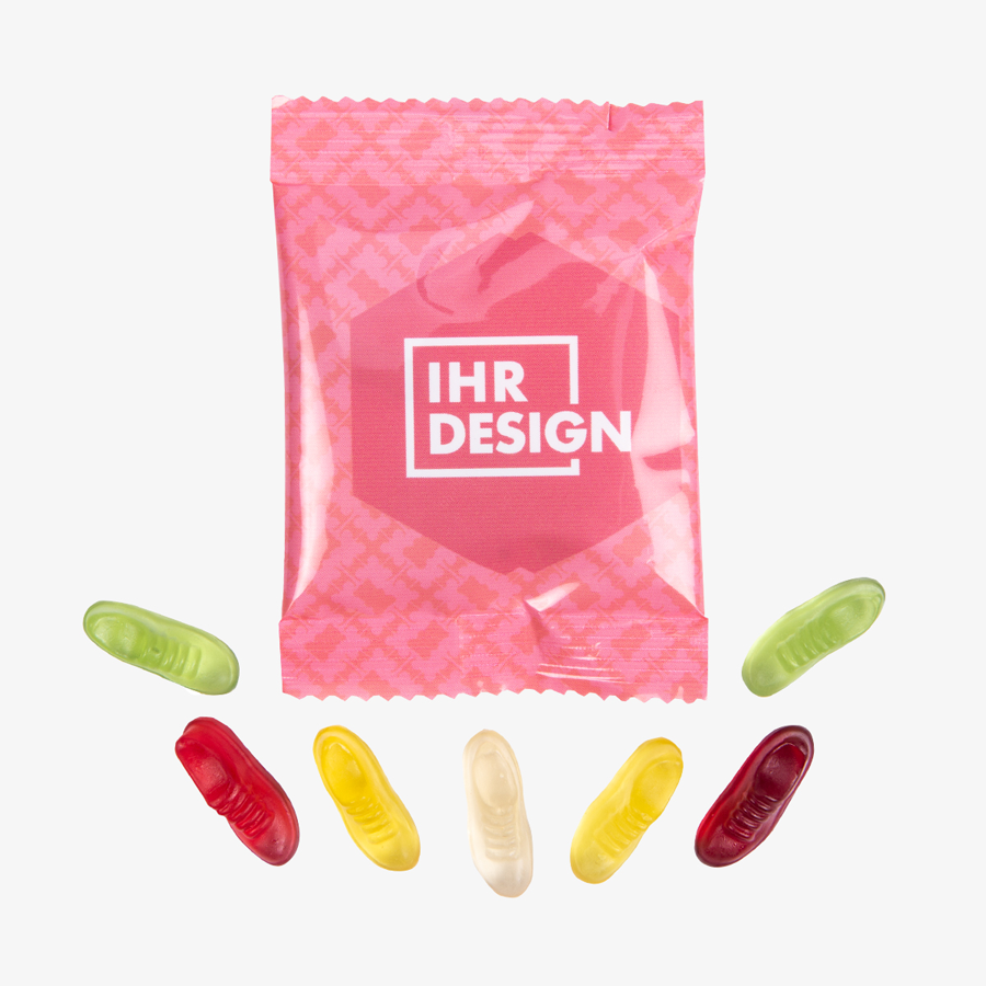 Individuell bedrucktes Tütchen mit köstlichen Fruchtgummi-Joggingschuhen