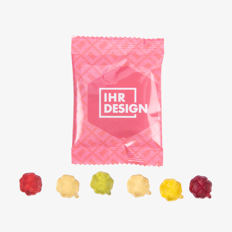 Vollfarbig bedrucktes Tütchen mit süßen Fruchtgummi-Kleeblättern