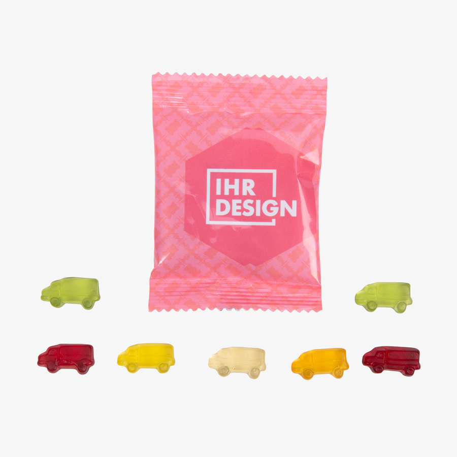 Vollfarbig individuell bedrucktes Tütchen mit leckeren Fruchtgummi-Lkw