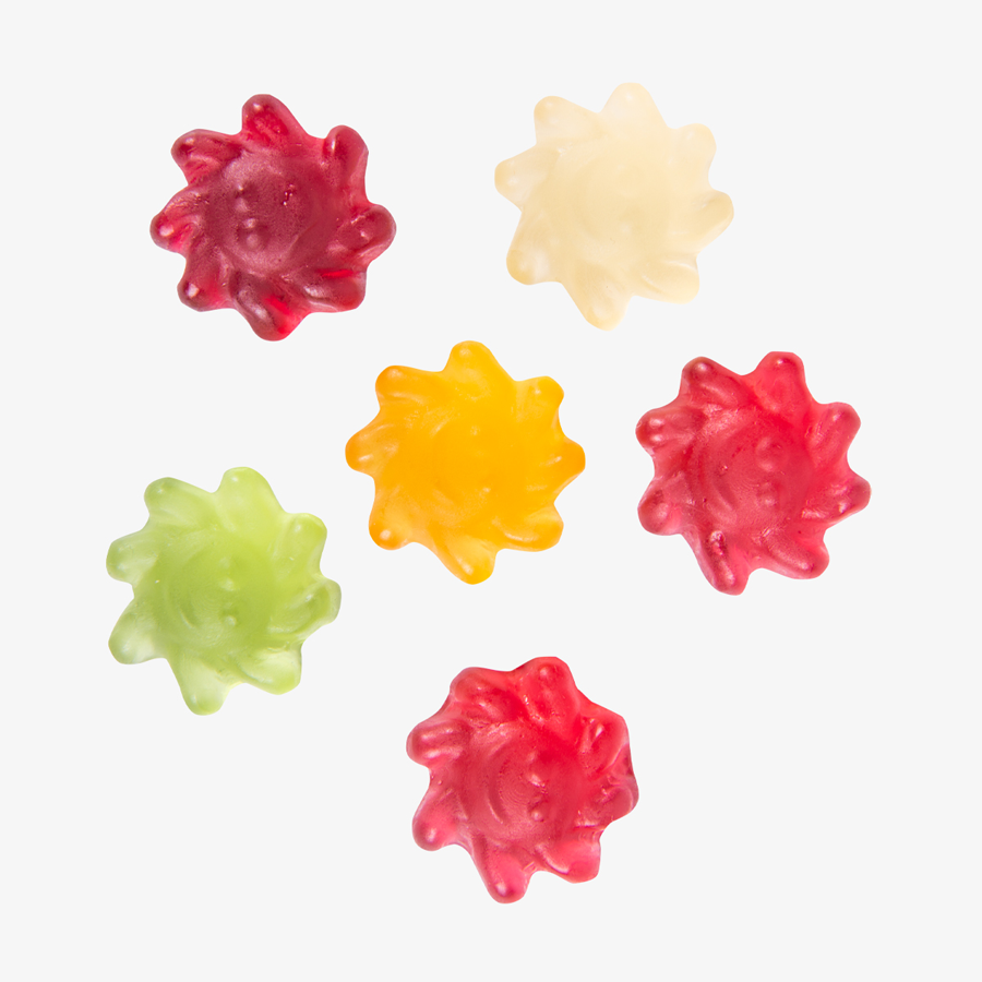 Süße Fruchtgummi-Sonnen, geschmacklich und farblich gemischt