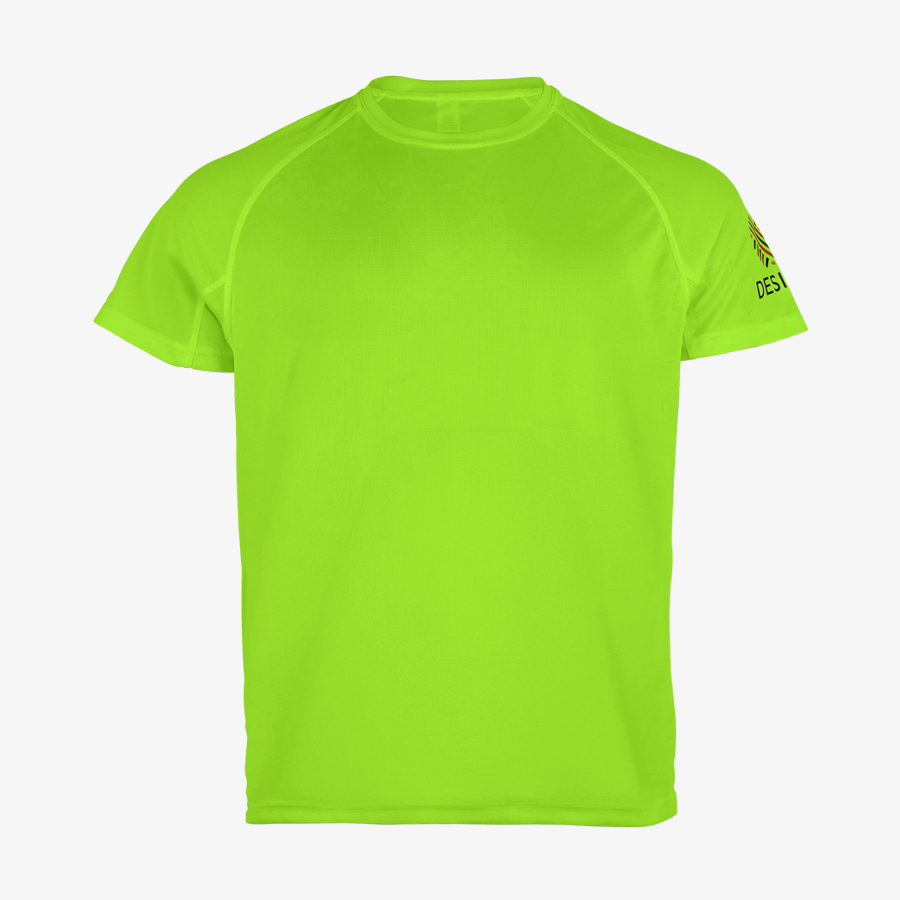 Funktionsshirt von Roly für Herren in leuchtendem Grün, auf dem Ärmel bedruckt mit einem bunten Logo