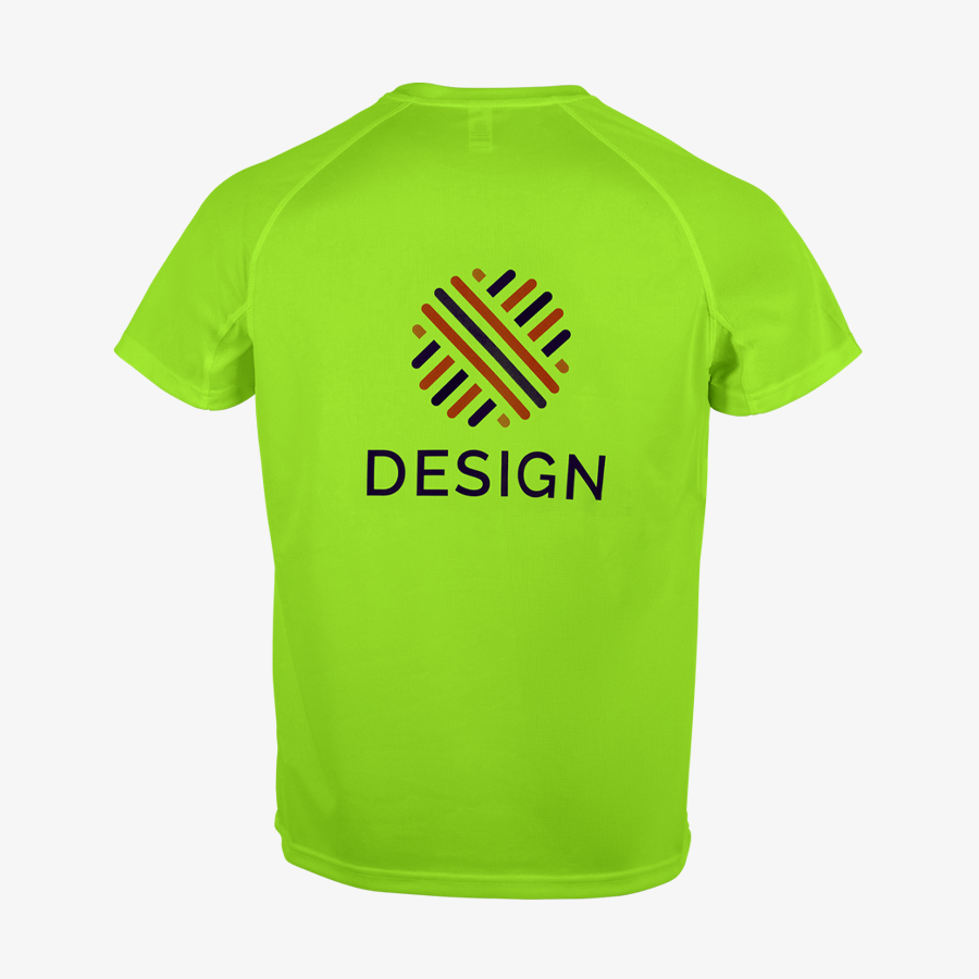 Funktionsshirt für Herren in leuchtendem Grün, auf dem Rücken groß bedruckt mit einem bunten Logo
