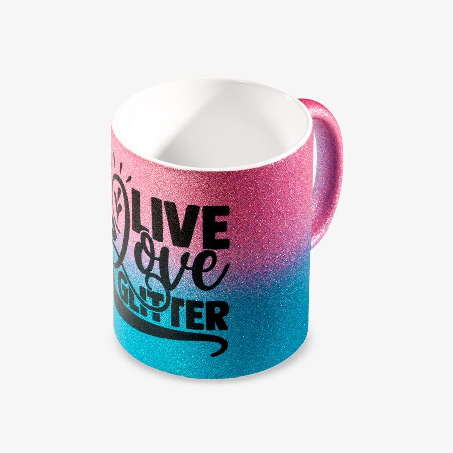 Individuell bedruckte Glitzertasse in Pink-Blau, 330 ml Fassungsvermögen