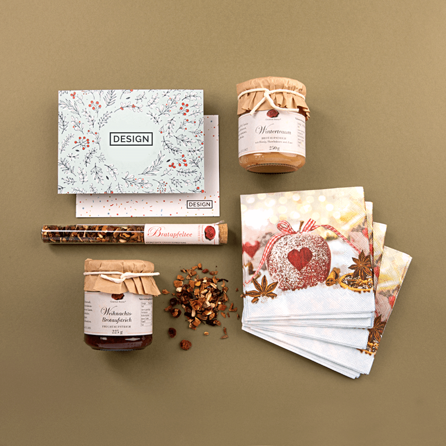 Inhalt der Gourmet-Berner-Präsentbox Winterzeit mit personalisierter Grußkarte