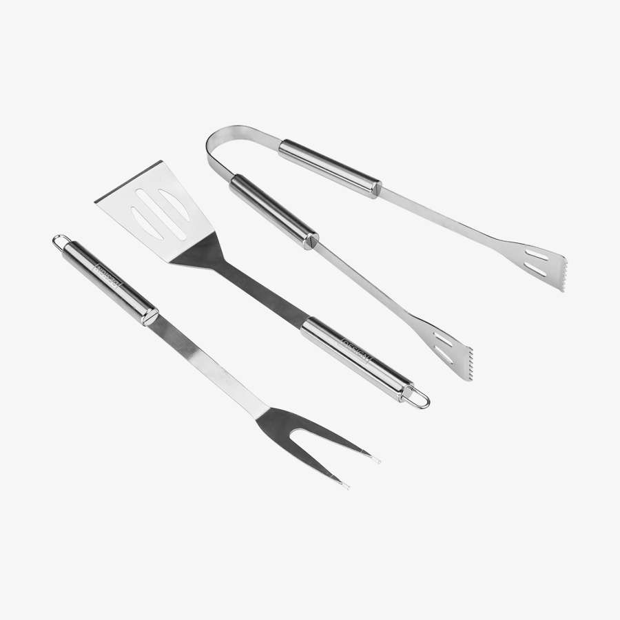 Dreiteiliges Grillset aus Edelstahl ohne individuelle Werbeanbringung