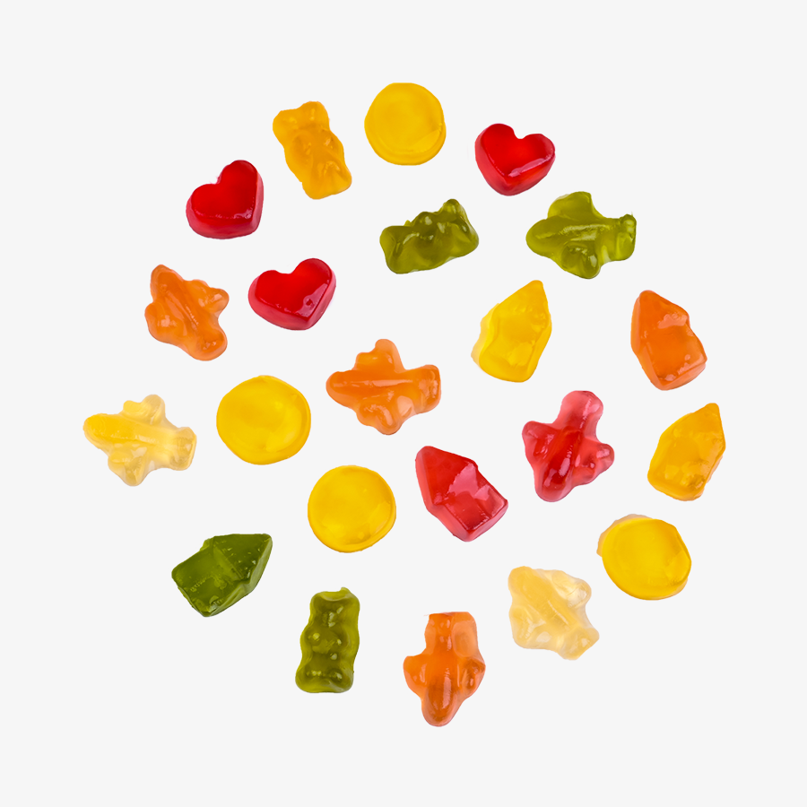 HARIBO-Fruchtmix in verschiedenen Geschmacksrichtungen und Farben, im Kreis angeordnet