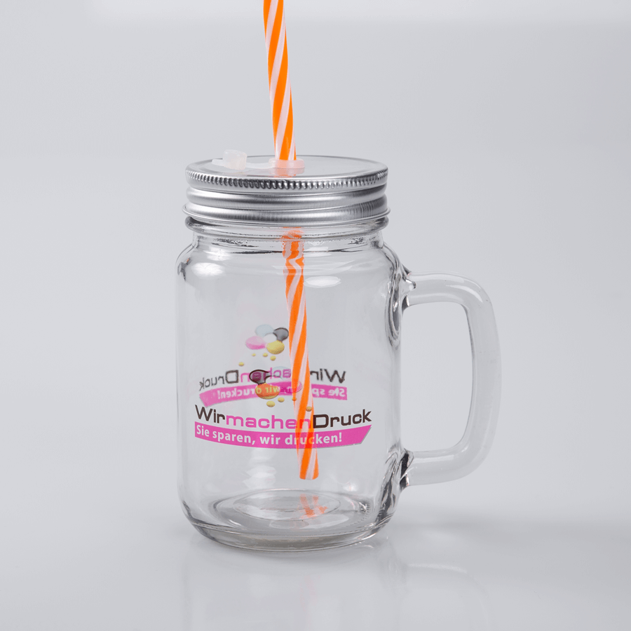 Henkelglas mit Deckel und Strohhalm, mit personalisierbarem Druck