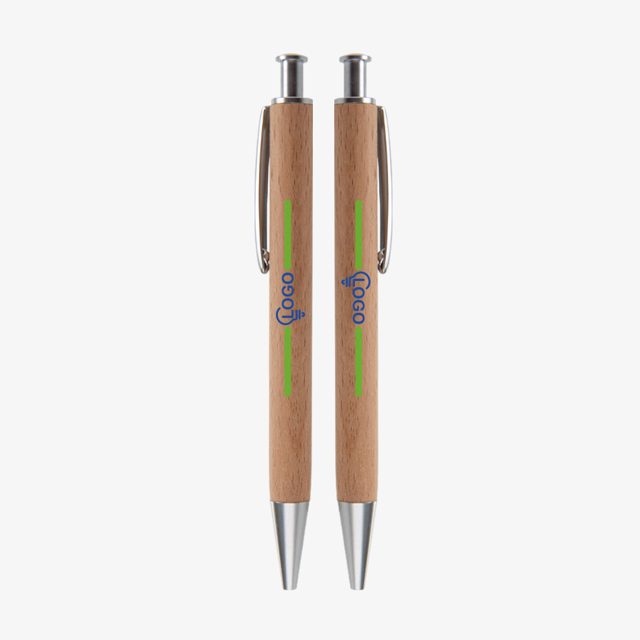 Zwei Holz-Kugelschreiber mit 4/4-farbigem UV-Druck und Clip, Spitze und Drücker aus robustem Metall
