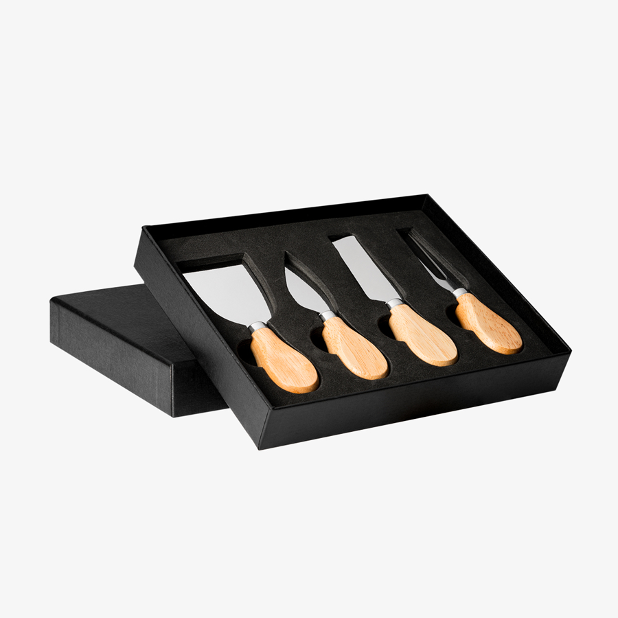 4-teiliges Käsemesser-Set in schwarzem Etui mit bedruckbarem Deckel