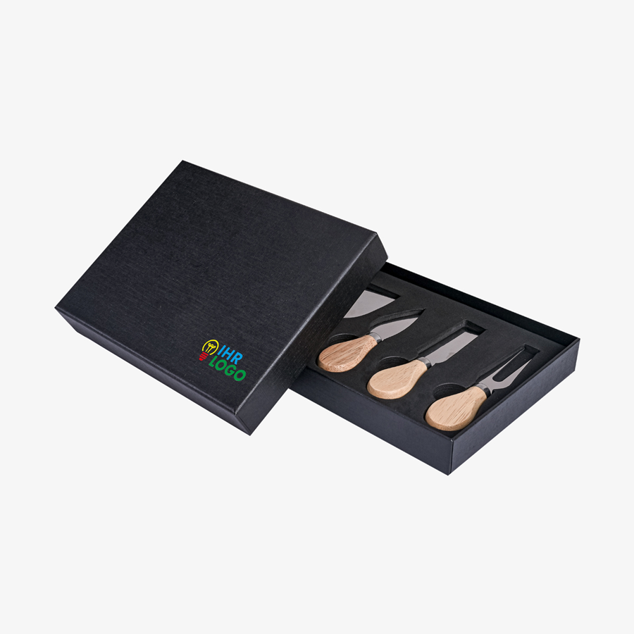 Schwarzes Etui mit 4-teiligem Käsemesser-Set, Deckel individuell bedruckbar