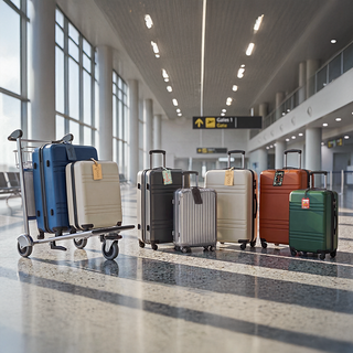 Sieben verschiedene Kofferanhänger mit Druck oder Gravur je befestigt an Koffer am Flughafen