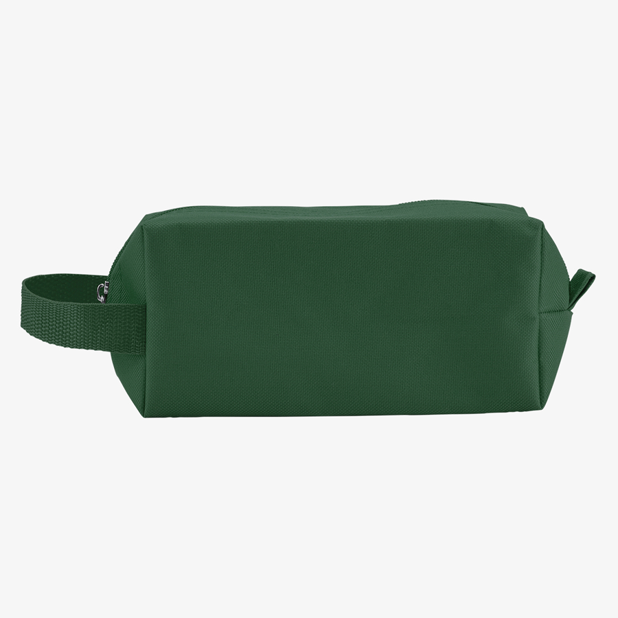 Grüne Kulturtasche aus robustem Polyester mit Handschlaufe, personalisierbar