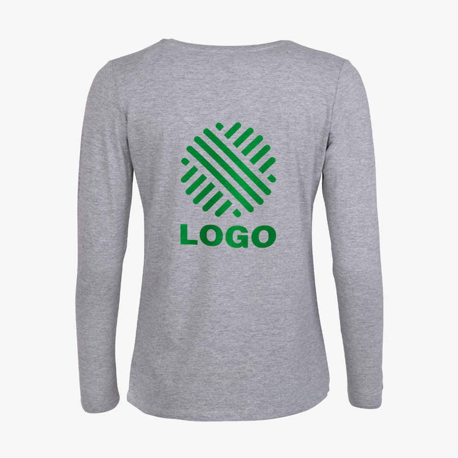 Graues Basic-Langarmshirt für Damen von B&C Collection, hinten digital bedruckt