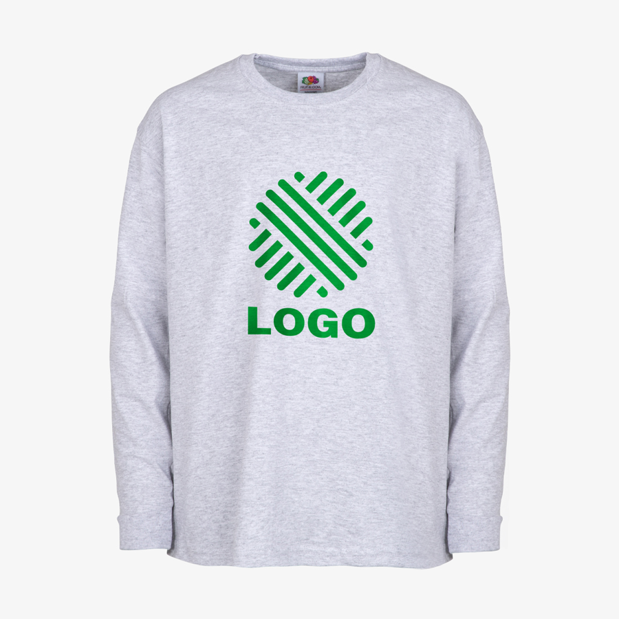 Graues Basic-Langarmshirt für Kinder von Fruit of the Loom, vorne digital bedruckt
