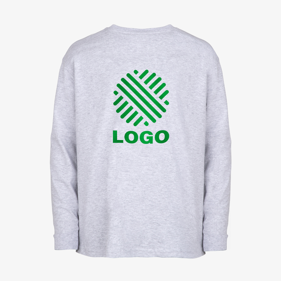 Graues Basic-Langarmshirt für Kinder von Fruit of the Loom, hinten digital bedruckt