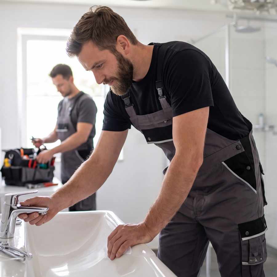 Zwei Männer in bestickten Basic-Latzhosen arbeiten in einem Badezimmer