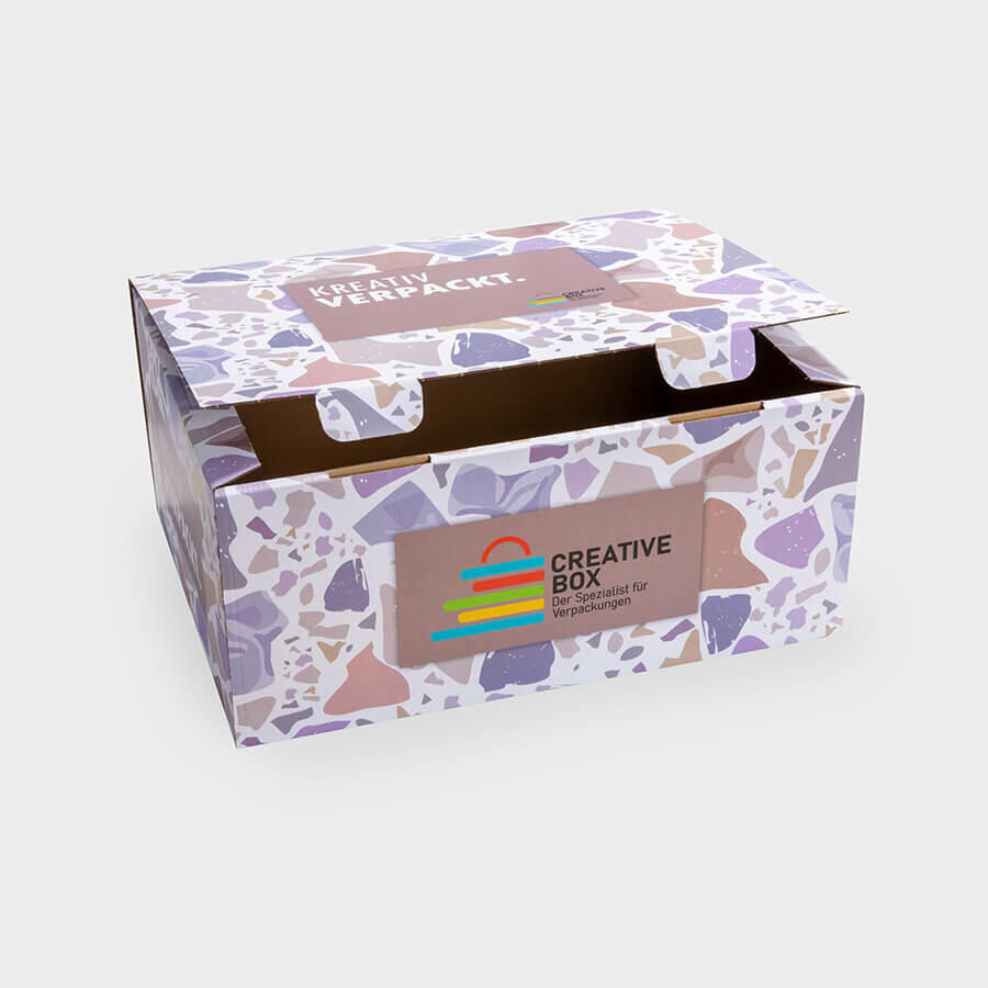 Bedruckte Klappdeckelverpackung leicht geöffnet