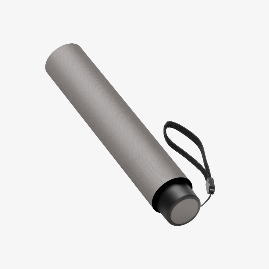 Grauer Mini-Slim-Taschenschirm in farblich passender Hülle, mit Handschlaufe