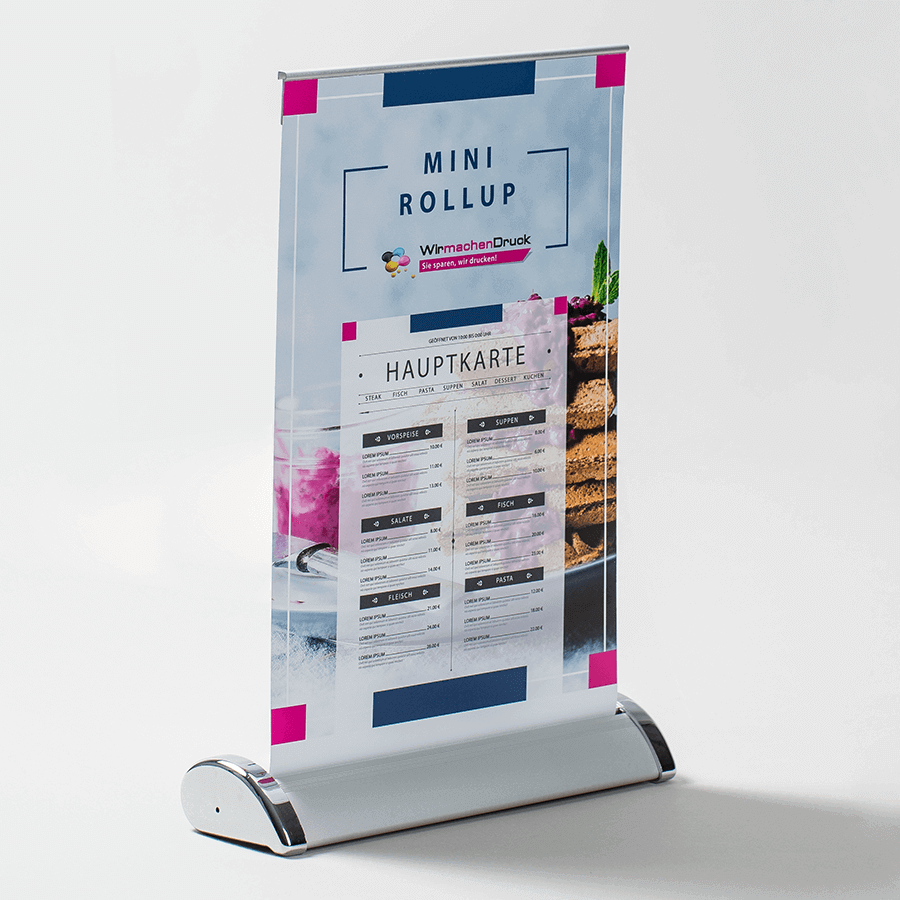Hochwertiges, kratzfestes Mini-Roll-up vollfarbig individuell bedruckt