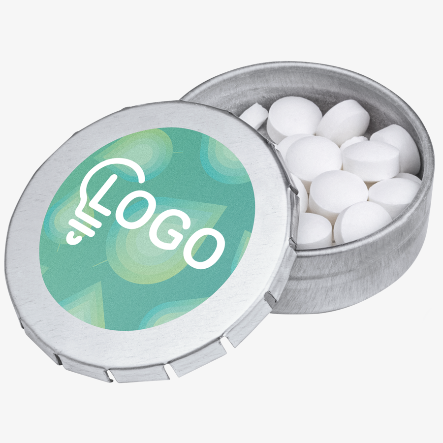 Runde Metalldose mit vollfarbigem UV-LED-Druck, gefüllt mit Pfefferminz