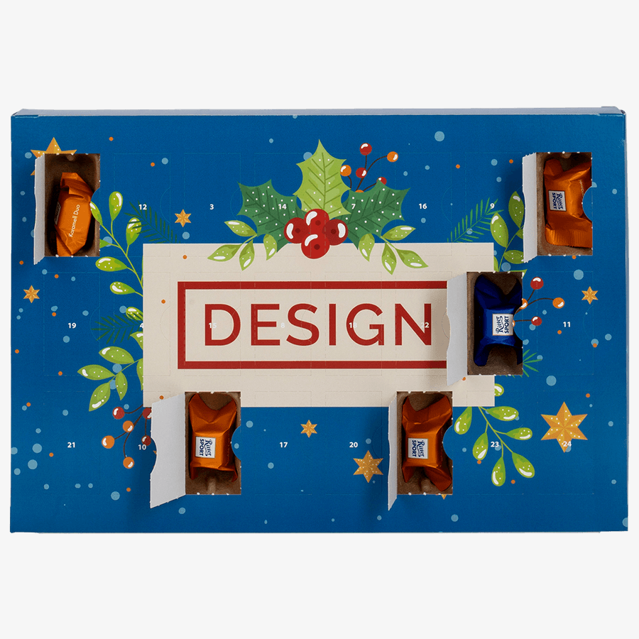 Geöffneter Multi Adventskalender Ritter Sport Schokowürfel, Querformat, bedruckt, Frontalansicht