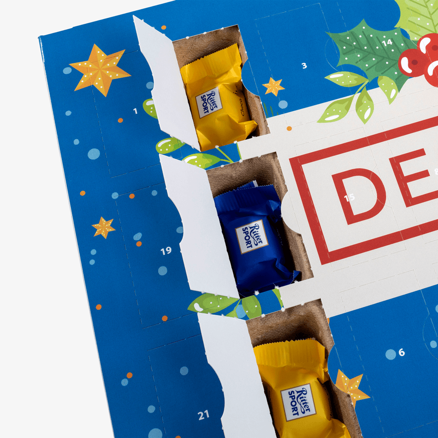 Geöffneter Multi-Adventskalender RITTER-SPORT-Schokowürfel, Querformat, bedruckt, Detailansicht