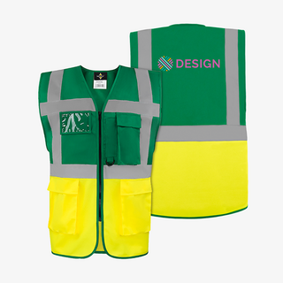 Mulitfunktionswarnweste in der Farbkombi Green Yellow auf dem Rücken bedruckt