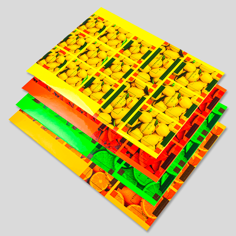 Neon-Stickerbogen in verschiedenen Neonfarben, individuell bedruckbar