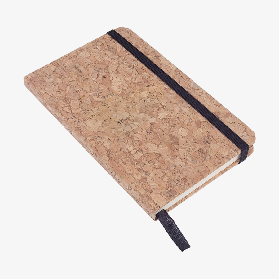 Unbedrucktes A6-Notizbuch mit Kork-Cover, 80 blanko Seiten, schwarzem Lesezeichen und Gummiband