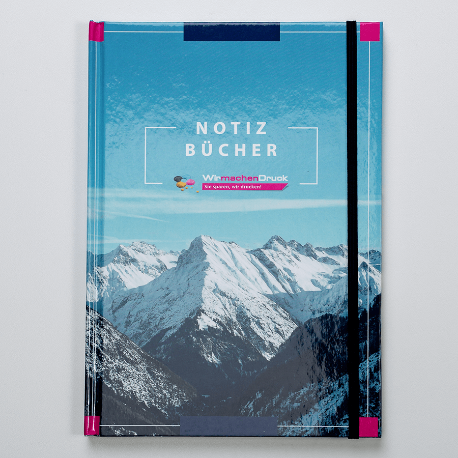 Notizbuch im DIN-Format mit Flachgummiband und individuellem Cover