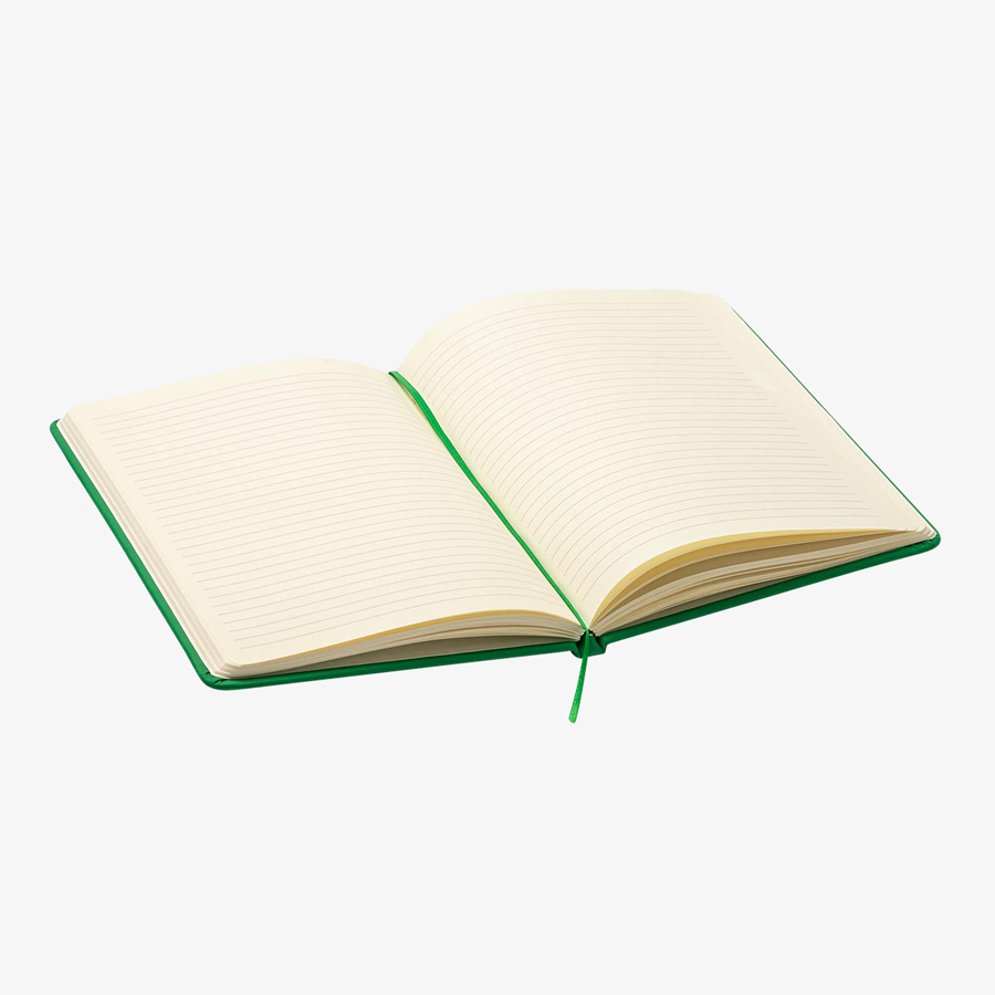 Aufgeschlagenes DIN-A5-Notizbuch mit grünem Kunstleder-Einband und 100 linierten Seiten