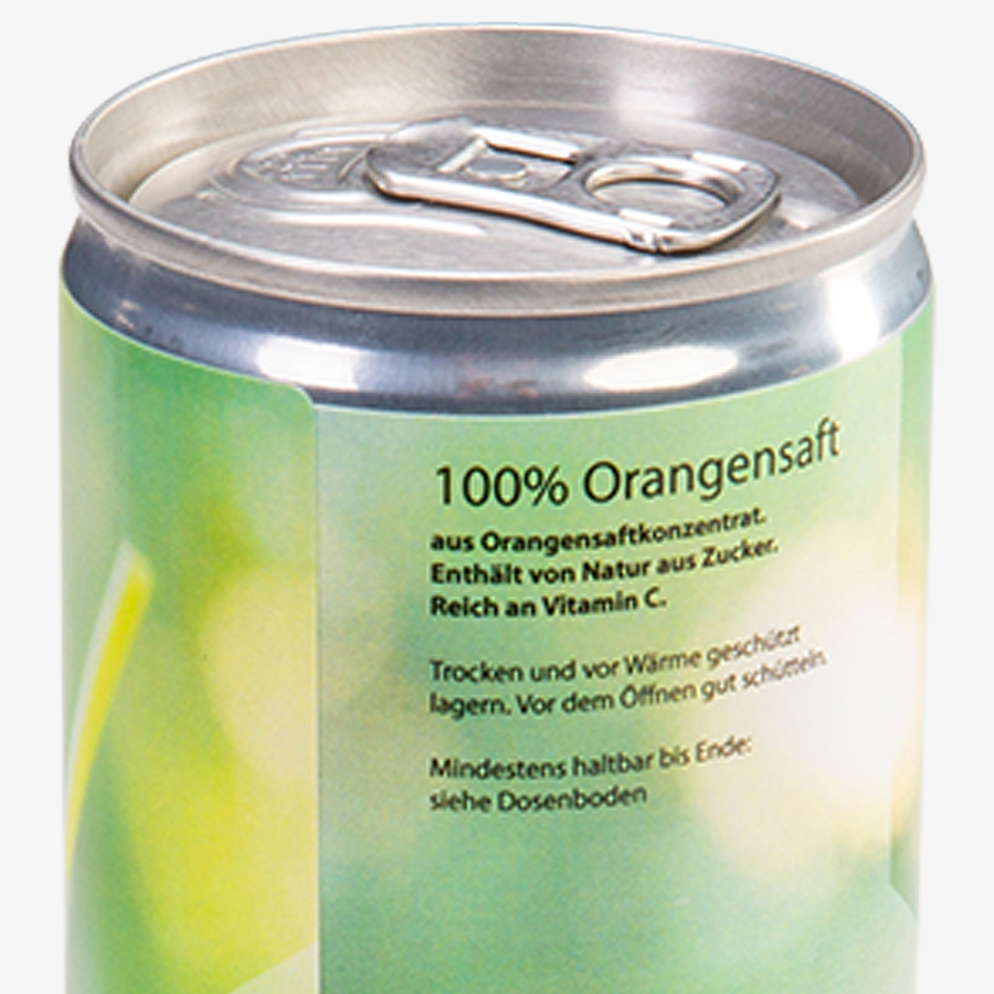 Individuell bedruckte Getränkedose mit Orangensaft, Detailansicht des Deckels