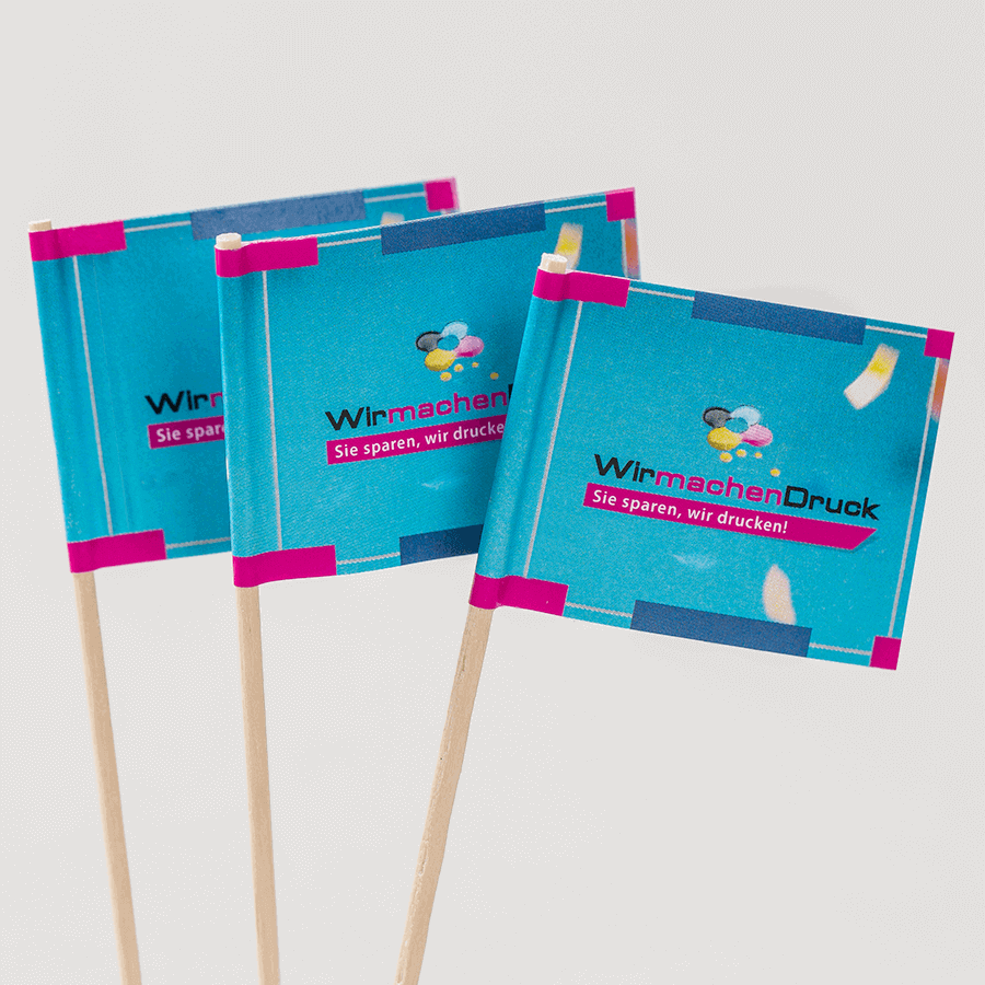 Mini-Papierfahnen bedruckt mit Wunschmotiv, mit Holzpicker