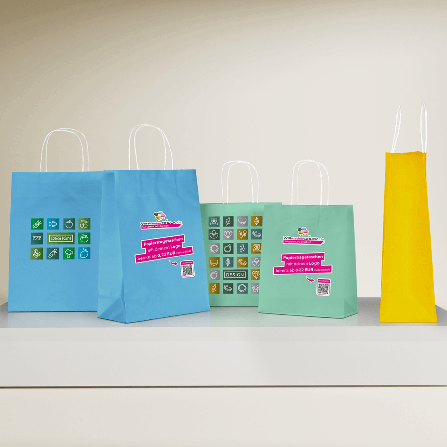 Papiertragetaschen mit Papierkordel und Imprint-Logo, in mehreren Farben und Größen